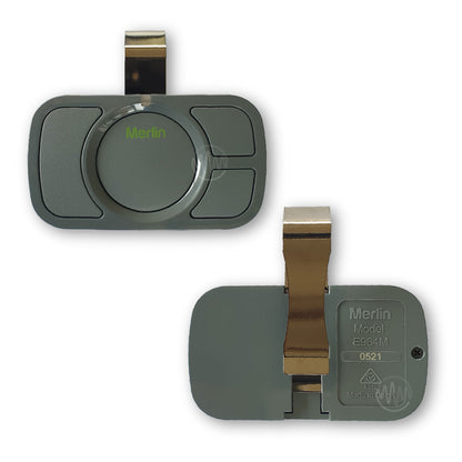 Merlin E964M grey sun visor style 4 button garage door remote front & back view