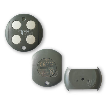 Mhouse round grey gate remote with 4 round white buttons front & back view
