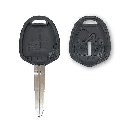 Inside of replacement black car key shell with metal key blade attached for Mitsubishi