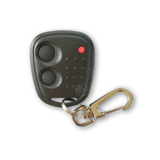 Mongoose black small car alarm remote with 2 round circle buttons, red led & dot texture on front