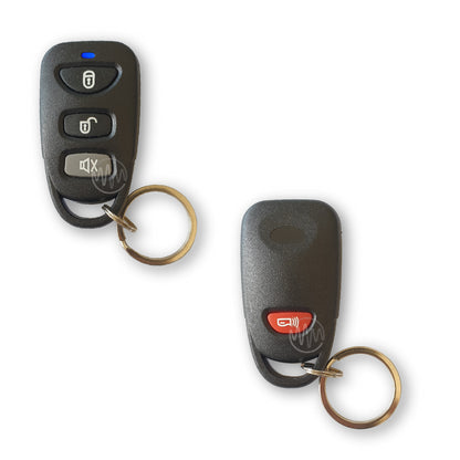 Front & back of Mongoose black car alarm remote with blue led, 2 black buttons, 1 grey button  on front & 1 red button on the back
