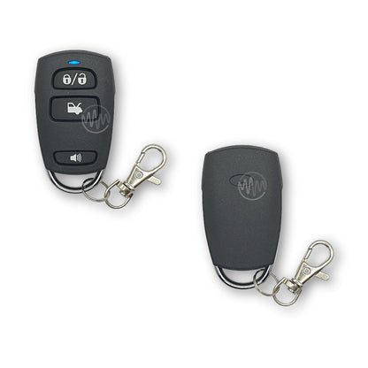 Front & back view of black 3 button Mongoose car alarm remote with metal keyring clip