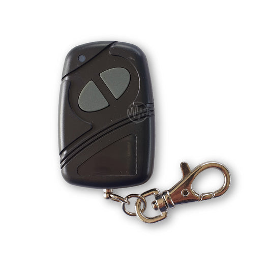Black Mongoose car alarm remote with grey rubber oval button design split into 2 buttons
