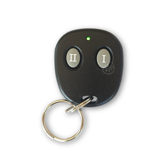 Unbranded small black rounded Mongoose car alarm remote with 2 grey roman numeral symbol buttons & green led