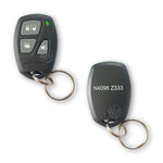 Mongoose branded black with 3 grey button symbol buttons & green led car alarm remote front & back view