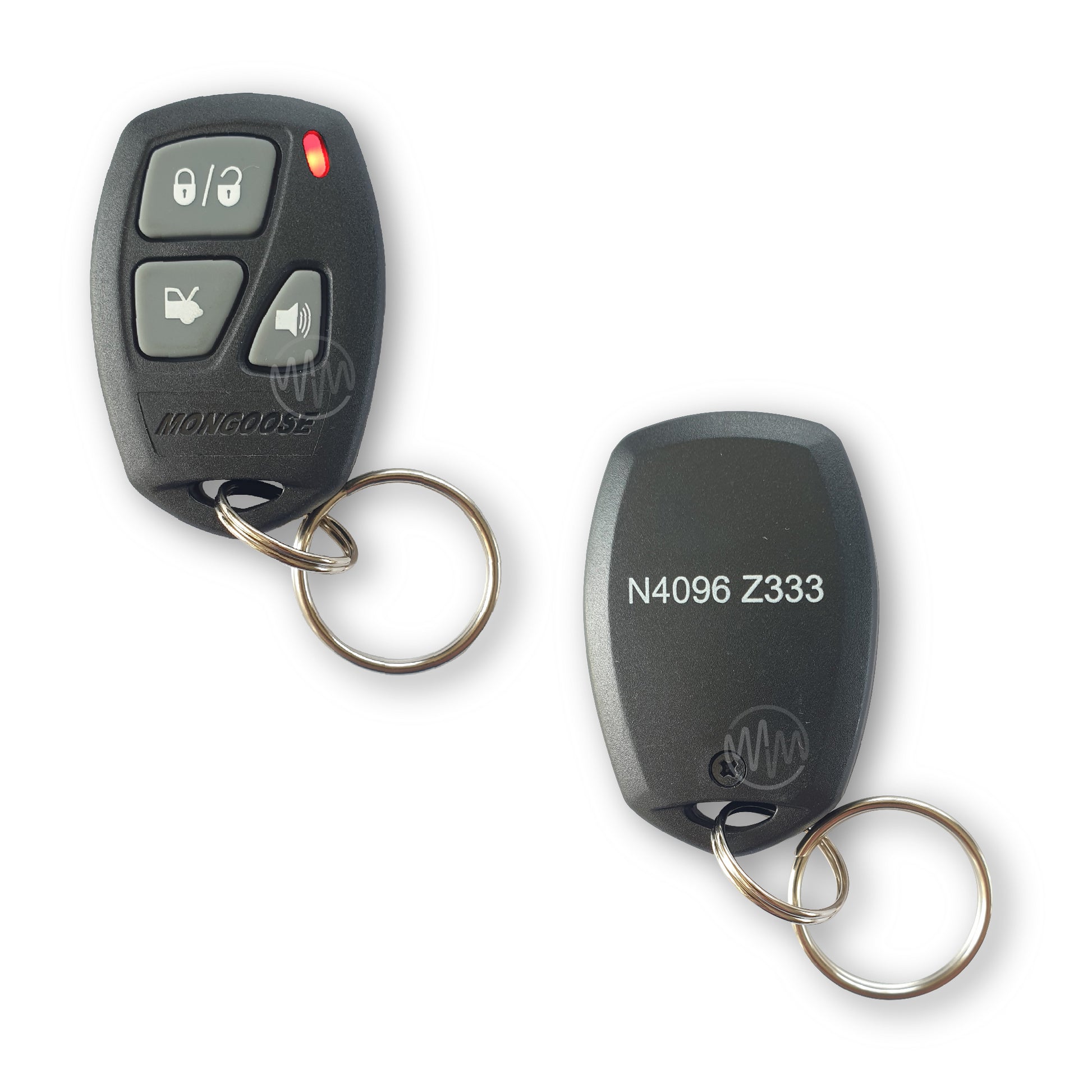 Mongoose branded black with 3 grey button symbol buttons & red led car alarm remote front & back view