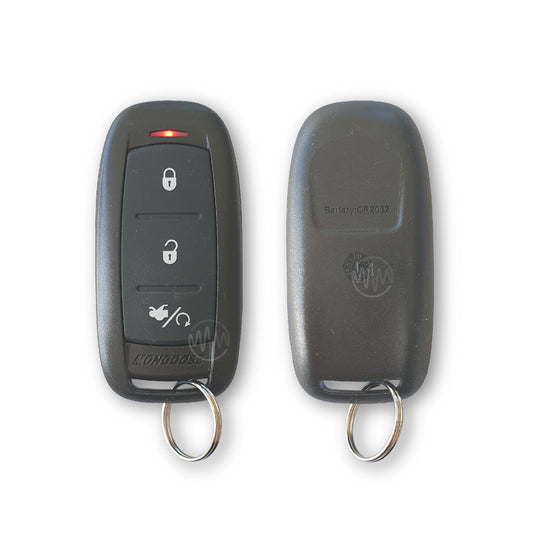Black with red led & 3 rubber buttons Mongoose MRC8 car alarm remote front & back view