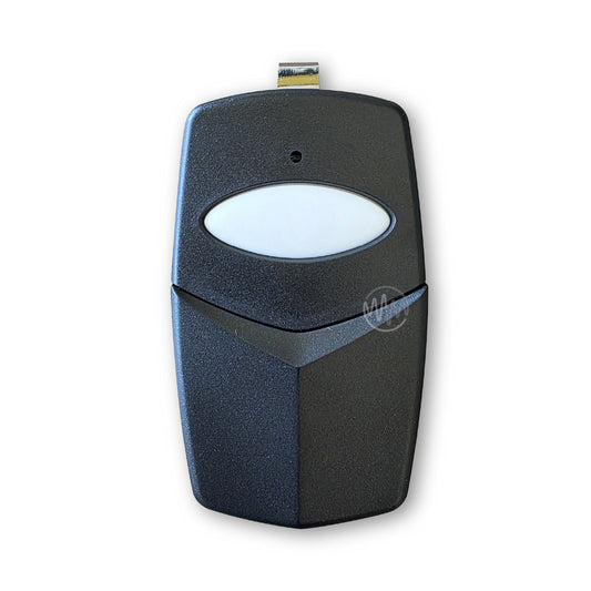 Large black garage remote with metal sun visor attachment & large white oval button