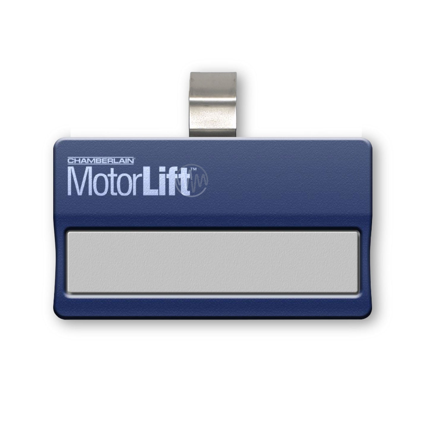 Motorlift blue with 1 white long button sun visor style garage remote