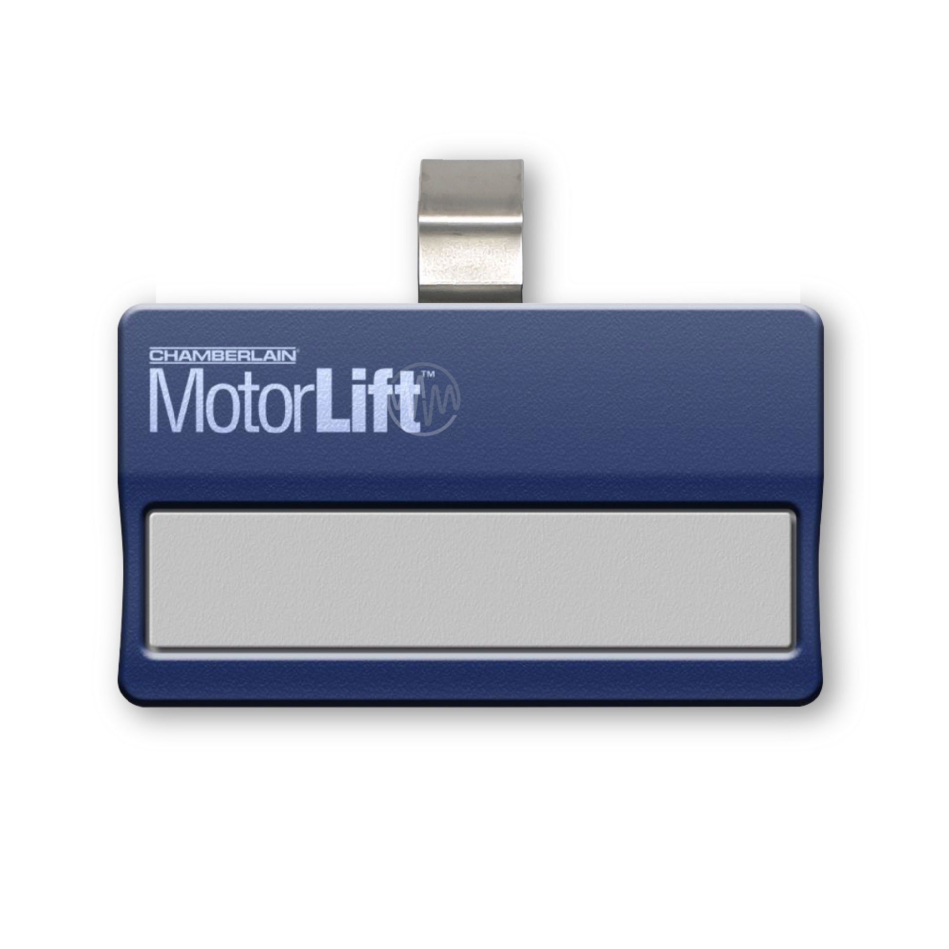Motorlift blue with 1 white long button sun visor style garage remote