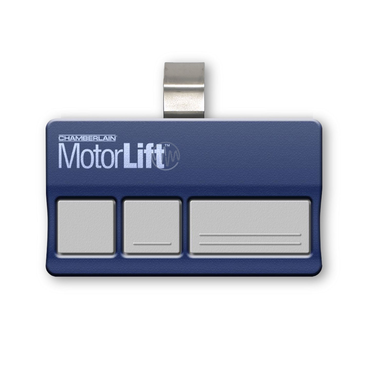 Motorlift branded blue with 3 white buttons sun visor style garage remote