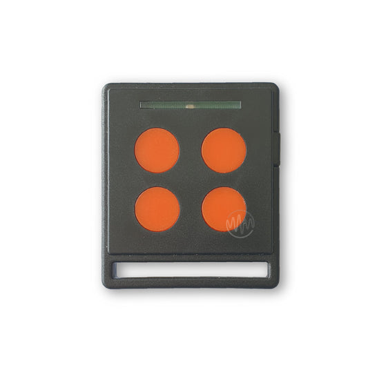 Nice branded black square remote with 5 round red buttons