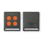 Nice branded black square remote with 5 round red buttons front & back view