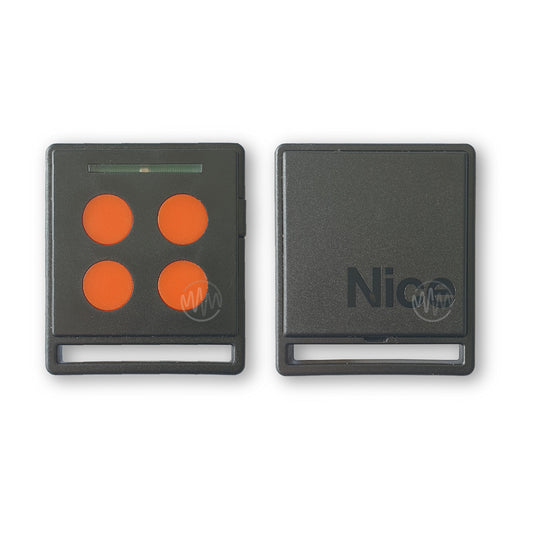 Nice branded black square remote with 5 round red buttons front & back view