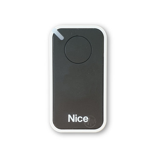 Nice branded black & white small rounded oblong shaped gate remote with 1 round button 