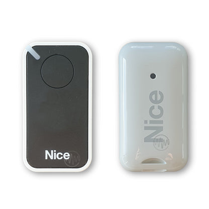 Nice branded black & white small rounded oblong shaped gate remote with 1 round button front & back view