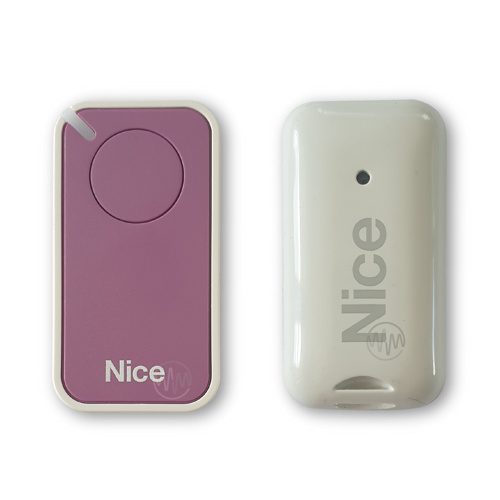 Nice branded lilac & white small rounded oblong shaped gate remote with 1 round button front & back view