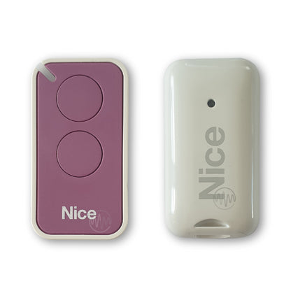 Nice branded lilac & white small rounded oblong shaped gate remote with 2 round buttons front & back view