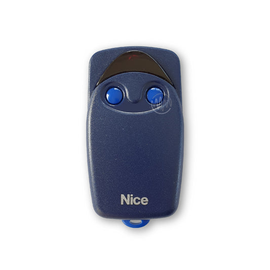 Nice Flo branded blue remote with 2 round bright blue buttons