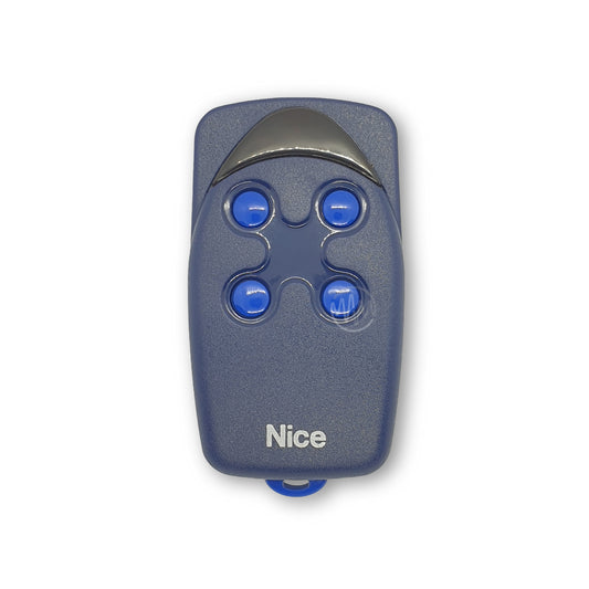 Nice Flo branded blue remote with 4 round bright blue buttons