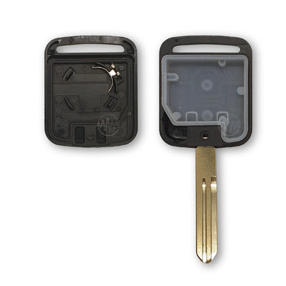 Inside of replacement black car key shell with metal key blade attached for Nissan