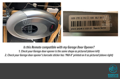 Photos of an Orbit PAX-II garage door opener motor & its model details on a barcode sticker