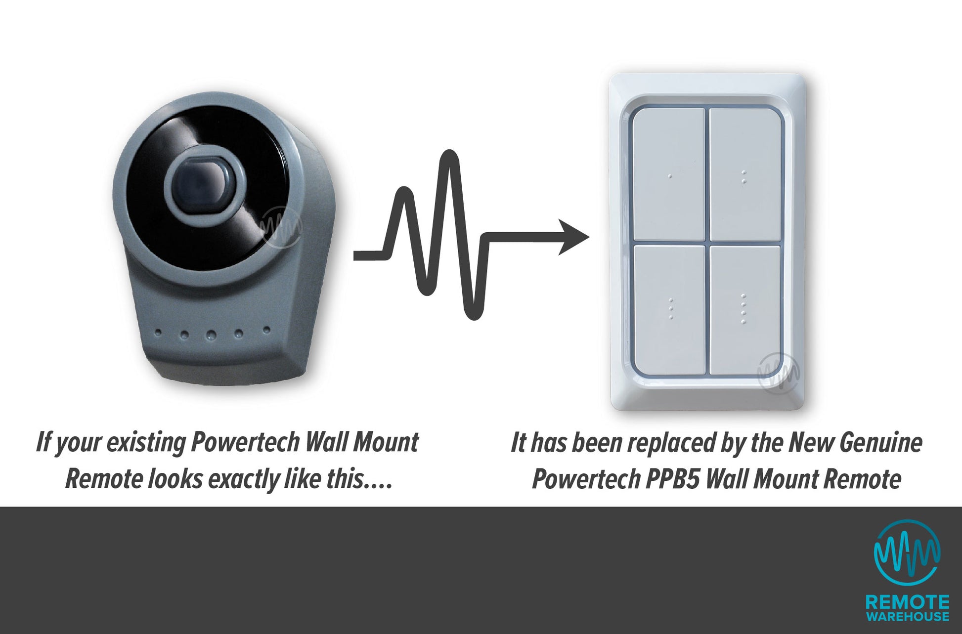 Old grey & black rounded 1 button Powertech wall mount remote replaced with new 4 button white version