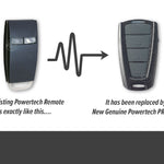 Powertech black gate remote with 2 oblong clear buttons is replaced with sun visor style black & 4 grey button remote