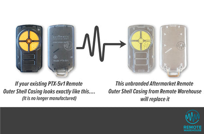 Original PTX-5V1 orange button remote casing is shown with the replacement new yellow button case