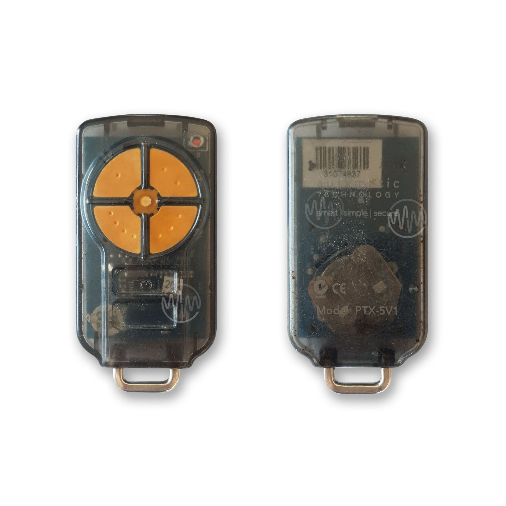 PTX-5V1 grey with 4 orange buttons garage door remote front & back view