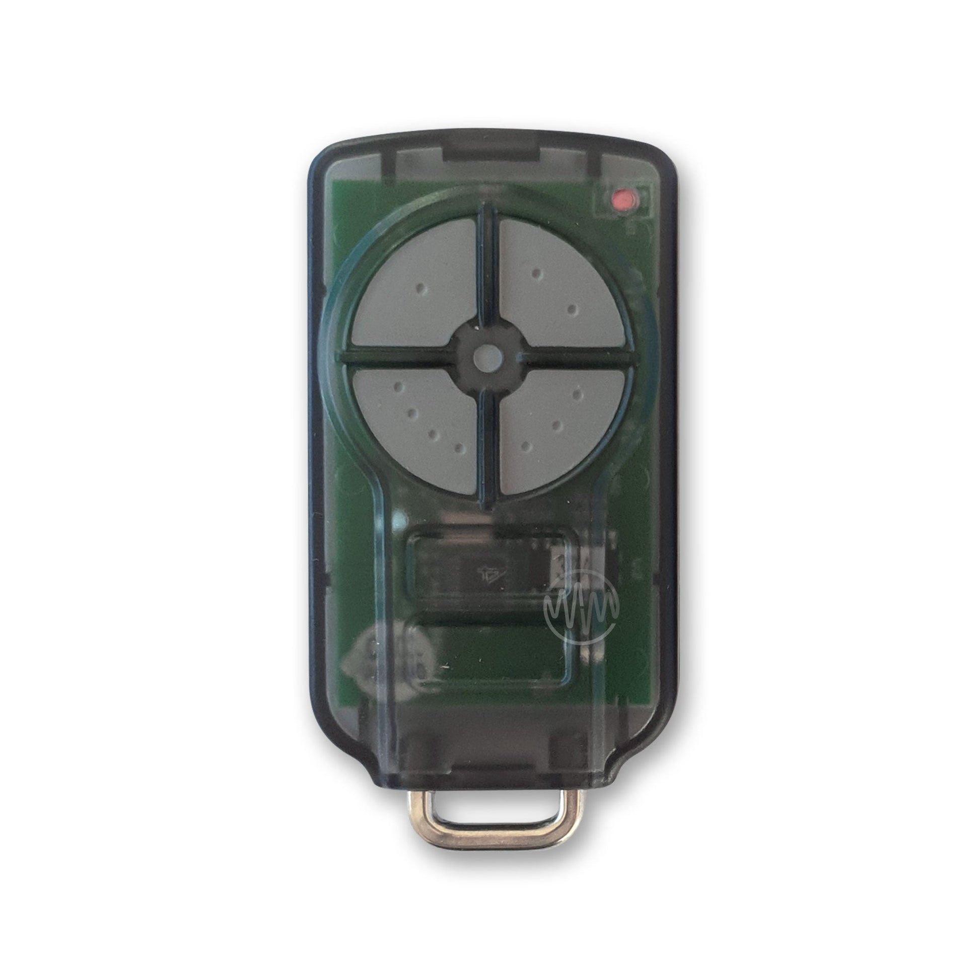 Frosted grey PTX-5v2 garage remote with 4 grey segmented buttons arranged in a circle