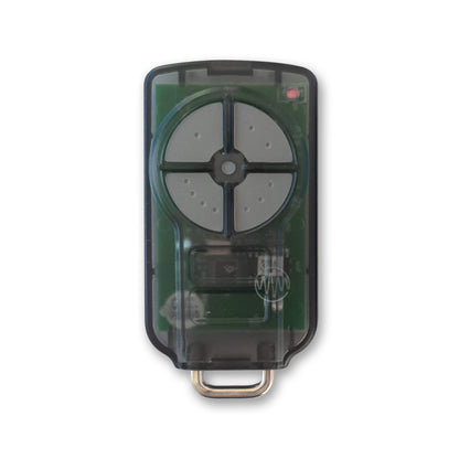 Frosted grey PTX-5v2 garage remote with 4 grey segmented buttons arranged in a circle