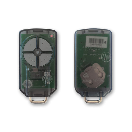 Front & back of PTX-5V2 Automatic Technology garage & gate remote with 4 grey segmented buttons