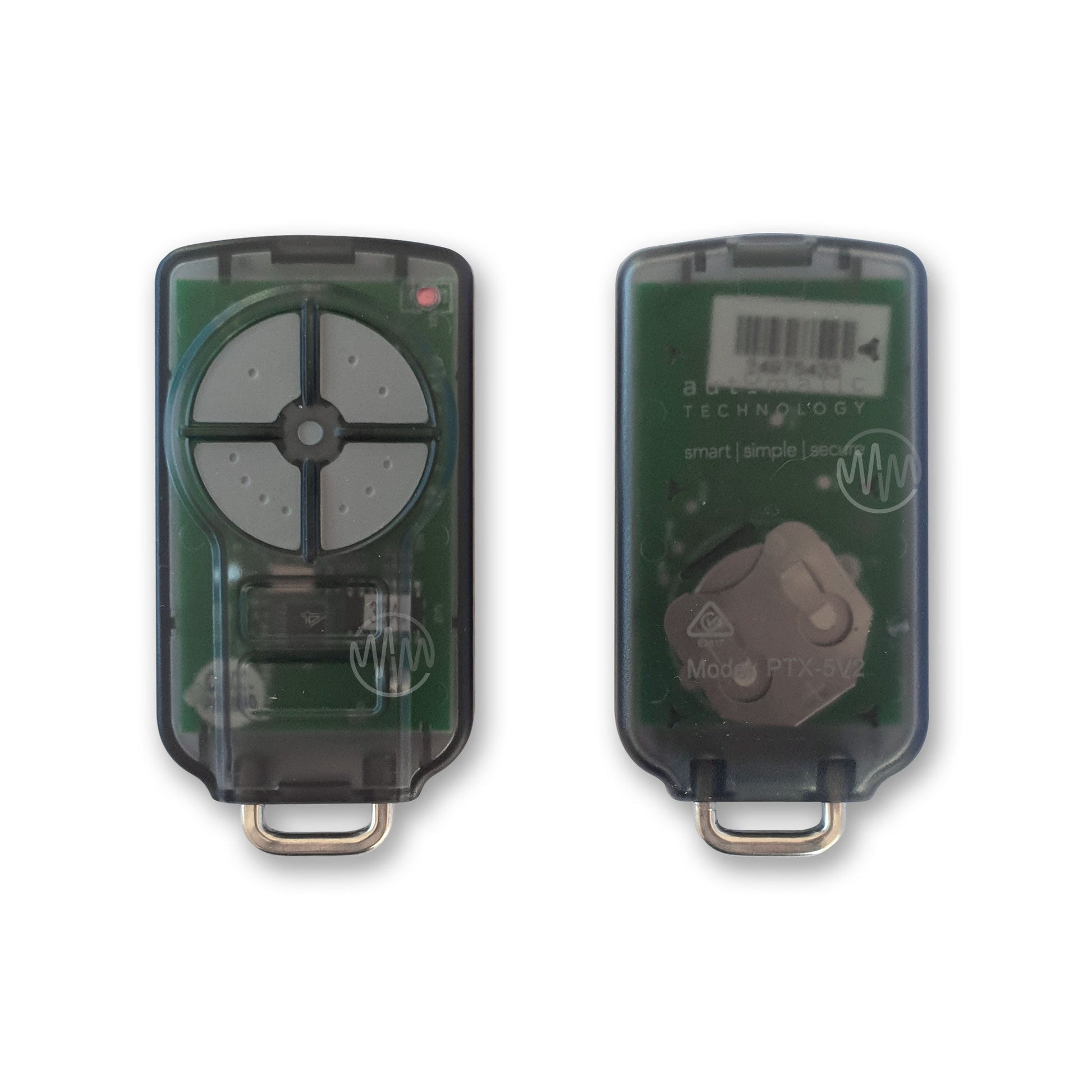 Frosted grey PTX-5v2 garage remote with 4 grey segmented buttons arranged in a circle