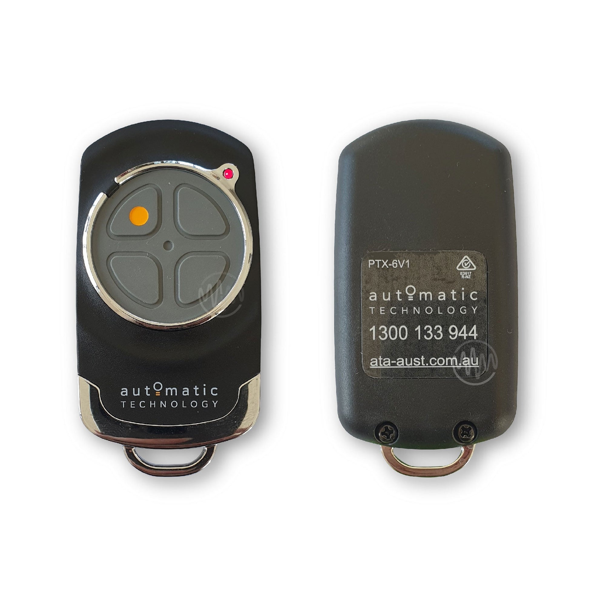 Front & back of Automatic Technology branded black garage & gate remote with chrome accents & grey button pad segmented into 4 buttons