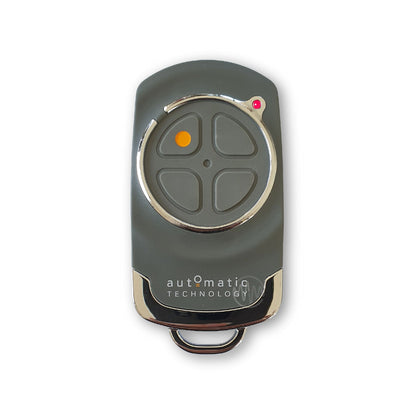 Automatic Technology branded grey garage & gate remote with chrome accents & grey button pad segmented into 4 buttons