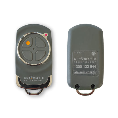 Front & back of Automatic Technology branded grey garage & gate remote with chrome accents & grey button pad segmented into 4 buttons