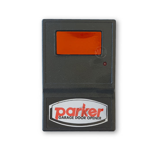 A black Parker garage door remote with an orange window displaying the brand name 'PARKER GARAGE DOOR OPENER'.