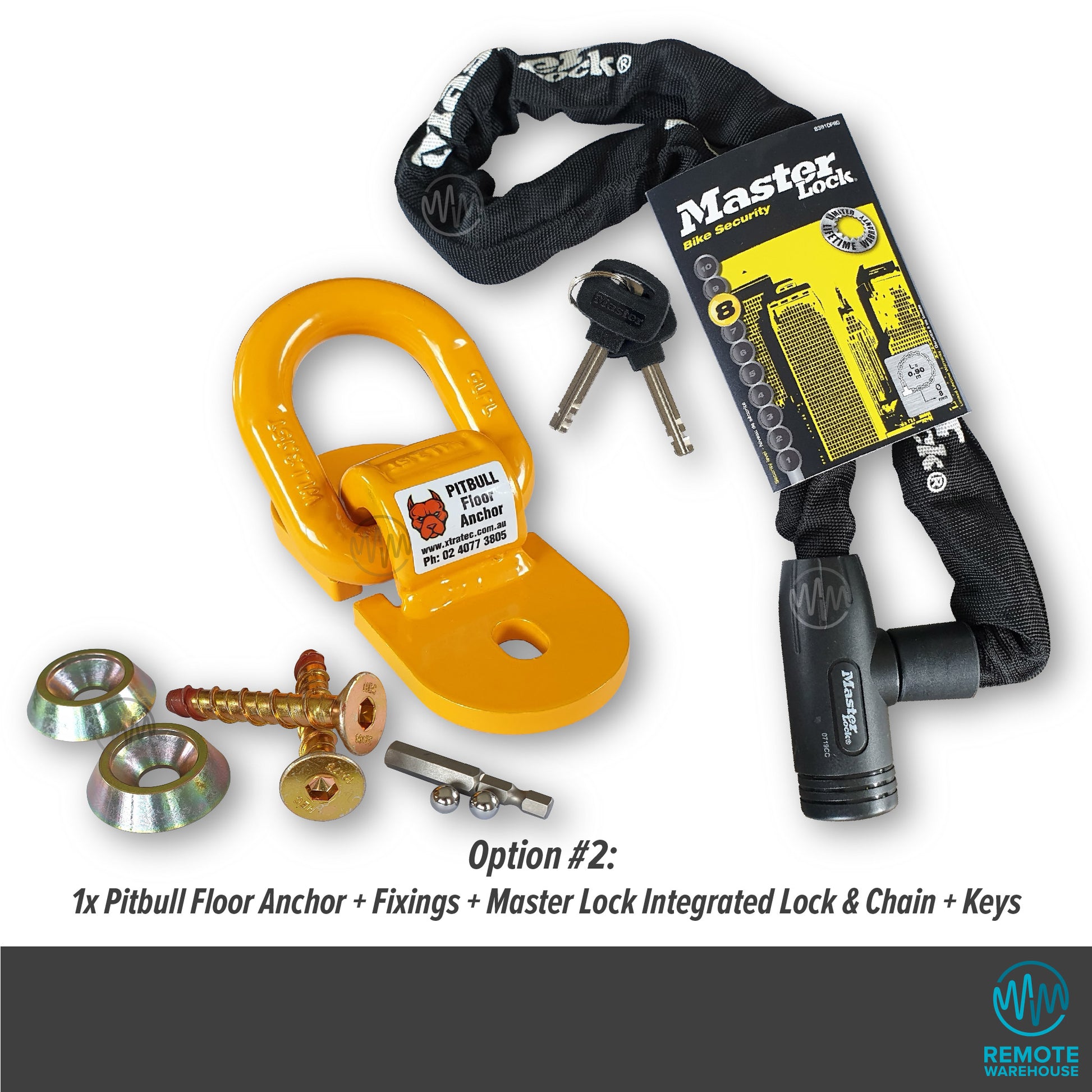 Xtratec brand yellow pitbull security floor anchor with fixings & master lock integrated chain & padlock