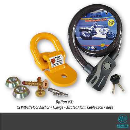 Xtratec Pitbull yellow security floor anchor with fixings & alarm cable lock with a pair of keys