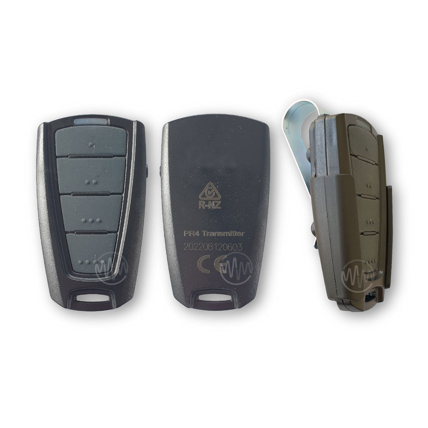 Black Powertech PR4 sun visor style gate remote with 4 grey rubber buttons