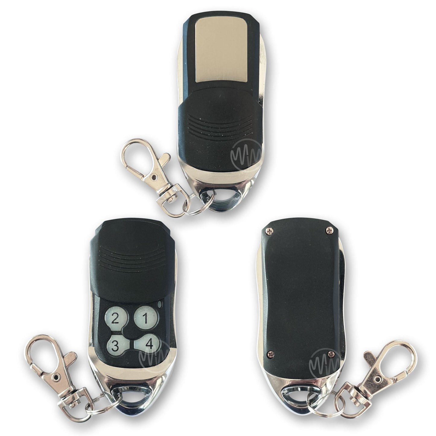 RCM11B black & chrome replacement garage door remote with 4 numbered buttons & slide cover front & back view