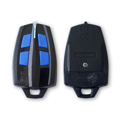 Front & back of black Rib Sun rocket shape gate remote with 4 blue buttons & ice blue LED at top