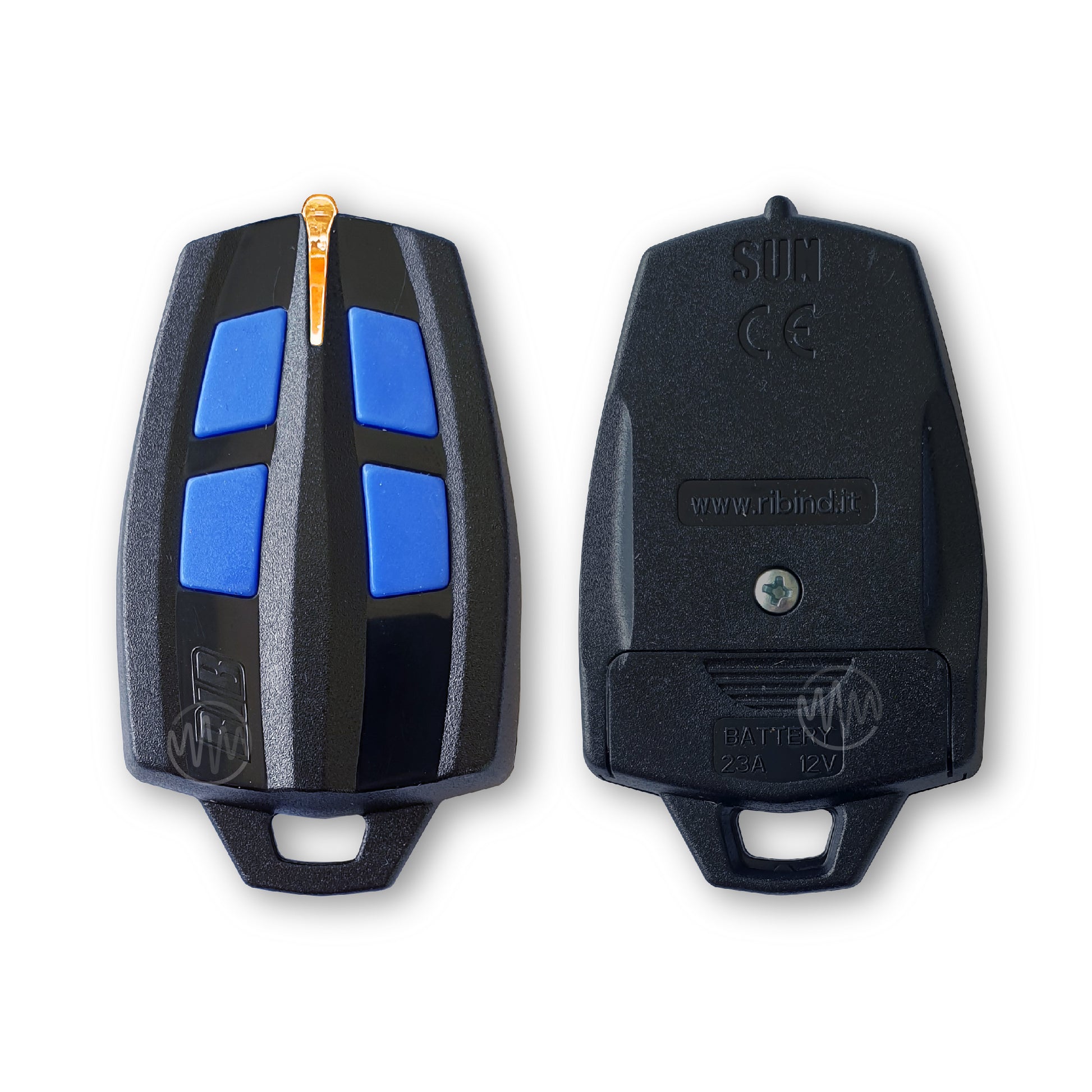 Front & back of black Rib Sun rocket shape gate remote with 4 blue buttons & orange LED at top