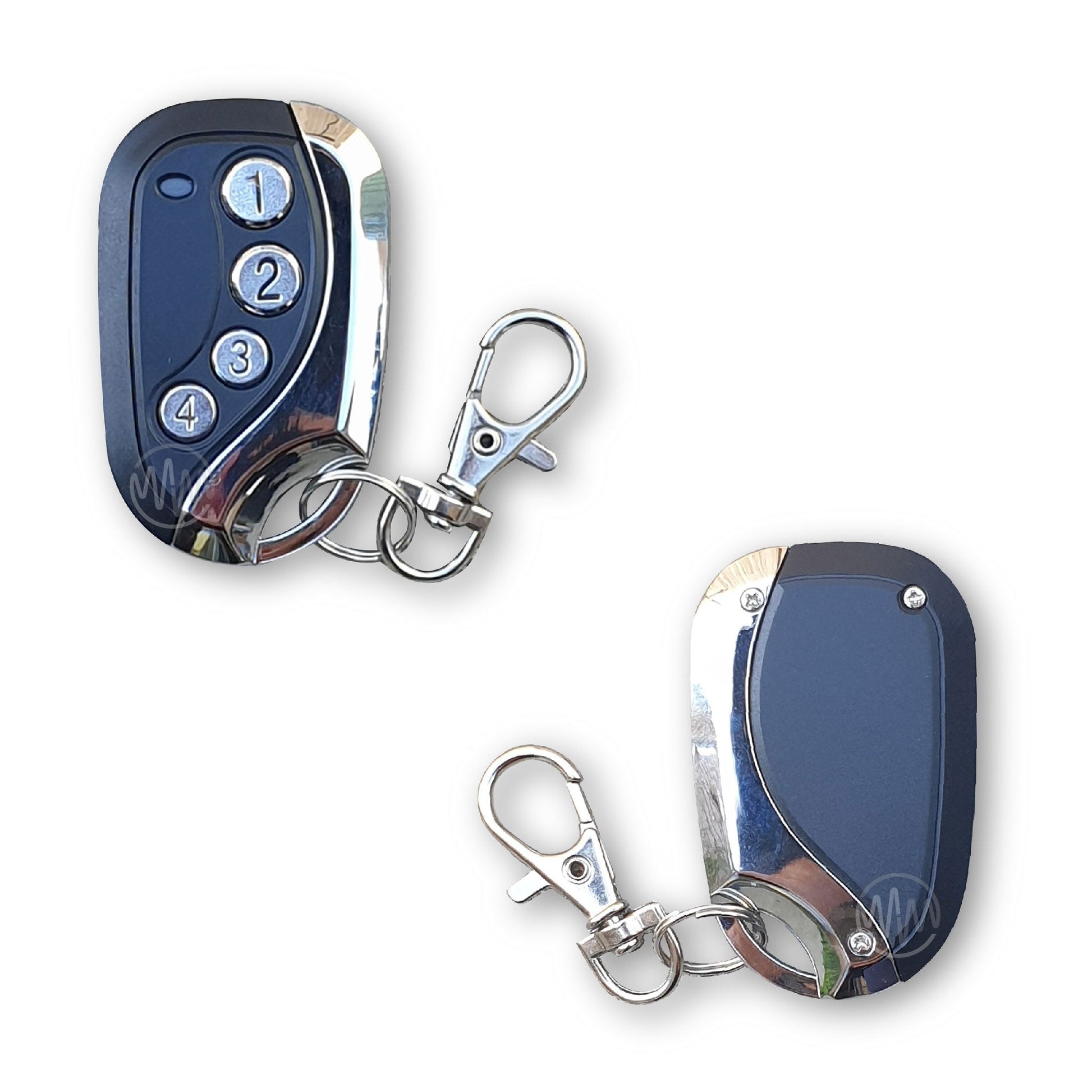 RNG04B black & chrome replacement garage door remote with 4 numbered buttons front & back view