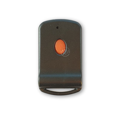 Black rounded oblong garage door remote with single red oval button