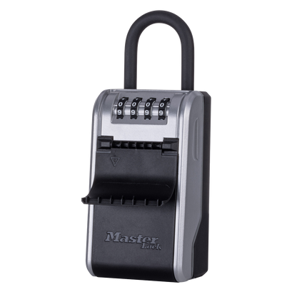 Master Lock silver & black shackle lock box with shutter open & 4 dial code access