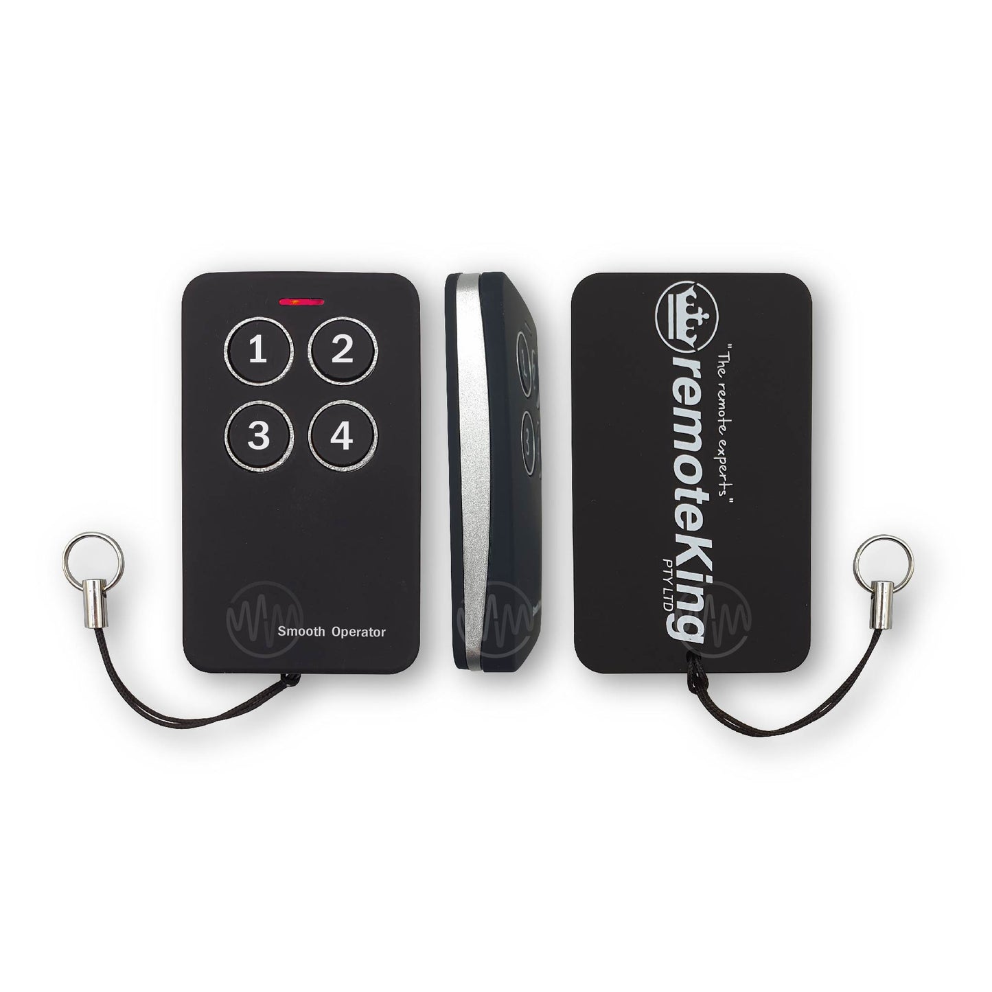Black & silver Smooth operator remote shown from front/side/back views