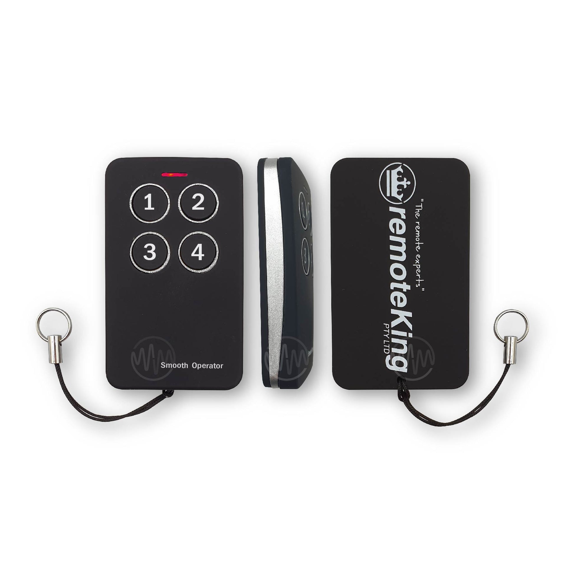 Black & silver Smooth operator remote shown from front/side/back views