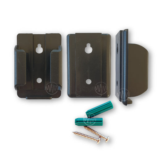 Front, back & side view of black plastic Wall mount bracket accessory with screws & plugs for garage door remotes